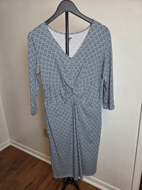 Lands' End Teal and White Floral V-Neck Quarter Sleeve Dress